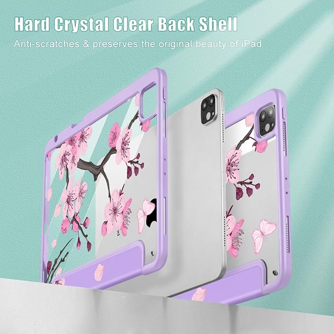 May Chen for iPad Pro 11 inch M2 4th Generation 2022 iPad Pro 11 3rd/2nd/1st Gen Case with Transparent Shockproof Back Cover [Built-in Pencil Holder Auto Sleep/Wake Pink Cherry Blossom