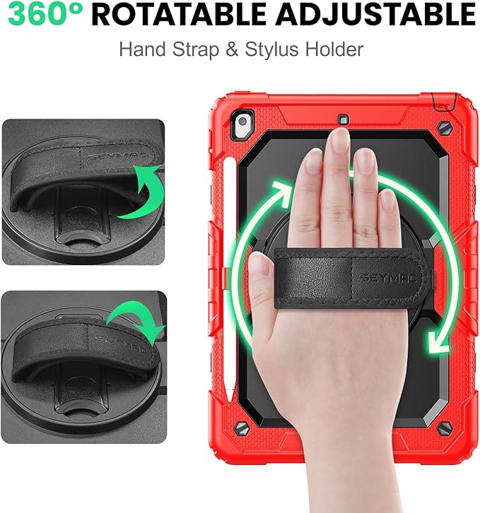 SEYMAC for iPad 9th/8th/7th Generation Case 10.2 2021-2019 Full-Body Shockproof Heavy Duty Protective Case with Screen Protector 360° Rotating Stand/Handle/Shoulder Strap for iPad 10.2 Inch Red