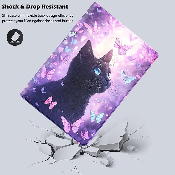 Tablet Case for iPad 10th Generation 10.9 Inch with Magnetic Auto Wake/Sleep and Multi-Angle Adjustable Stand Cover - Black Cat Purple Butterfly