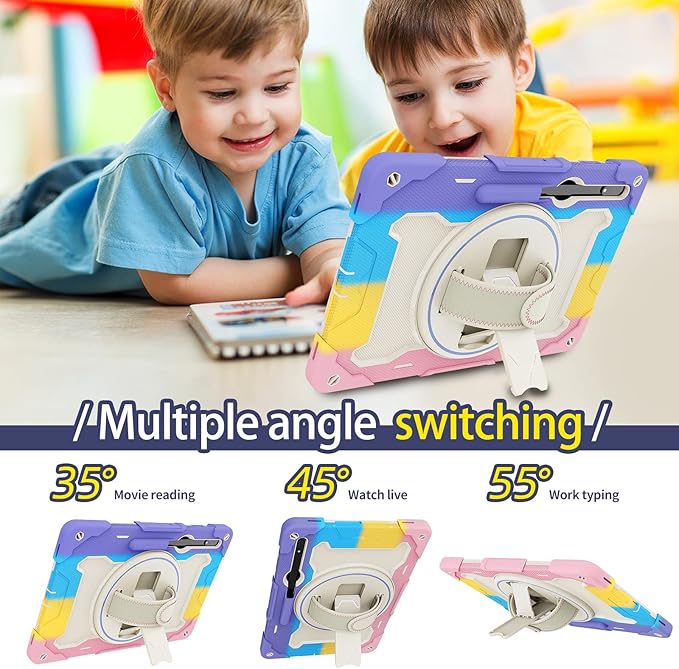 Tablet Case for Samsung Galaxy Tab S10 Ultra 14.6/S9 Ultra/S8 Ultra Kids Rainbow Heavy Duty Silicone Shockproof Case with Pencil Holder Shoulder Strap Rotating Fold Kickstand Hand Strap