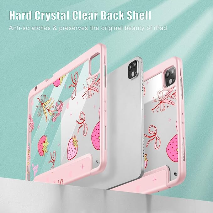 May Chen for iPad Pro 11 inch M2 4th Generation 2022 iPad Pro 11 3rd/2nd/1st Gen Case with Transparent Shockproof Back Cover [Built-in Pencil Holder Auto Sleep/Wake Strawberry Bow