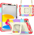 Dteck Kids Case for iPad A16/10th Generation 2025/2022 Heavy Duty Hybrid Shockproof 360°Swivel Kickstand Anti Scratch Durable Protective Case with Pencil Holder Shoulder StrapRed/Colorful
