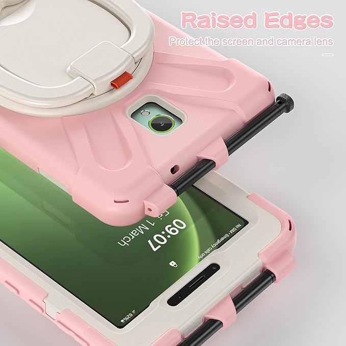 Rugged Case for Samsung Galaxy Tab Active5 5G (SM-X306B/X300) w/ 360° Rotating Hanging Ring Handle Grip Kickstand Heavy Duty Shock-Proof Armor Cover w/Shoulder Strap Stylus Holder (Pink)