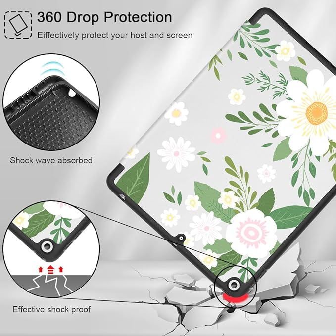 Tuiklol Case for iPad 10.2 Inch 2021 2020 2018 Release 9th / 8th / 7th Generation Built-in Pencil Holder TPU Protective Stand Back Cover Trifold Stand-Auto Wake/Sleep Flowers White