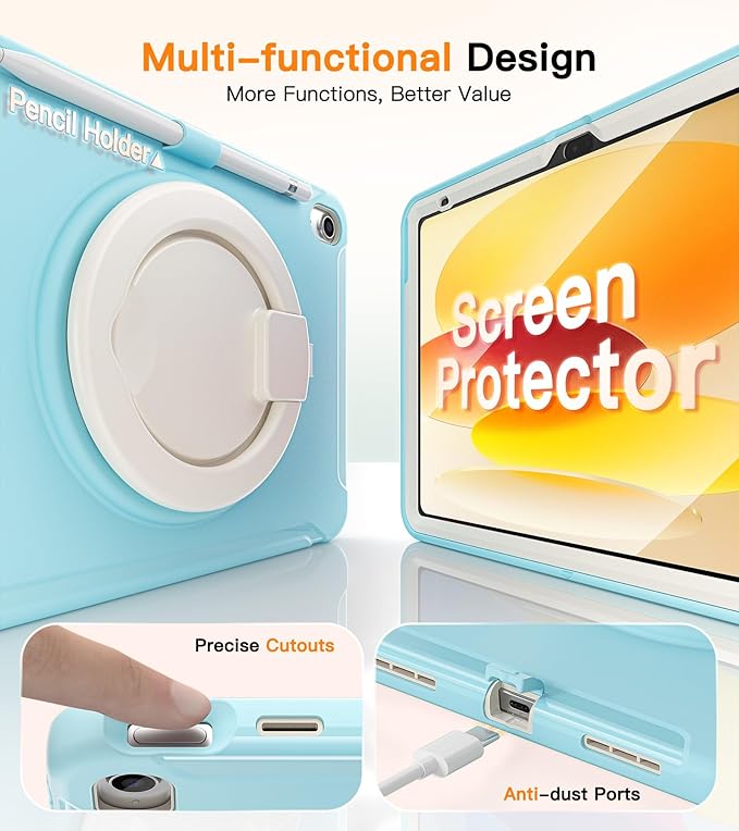 BATYUE Shockproof Case for iPad 10th Gen 10.9 2022 / 11th Gen (A16) 11 2025 | 360° Multi-Angle Stand (Portrait &amp Landscape) &amp Grip Built-in Screen Protector Pencil Holder Frozen Blue