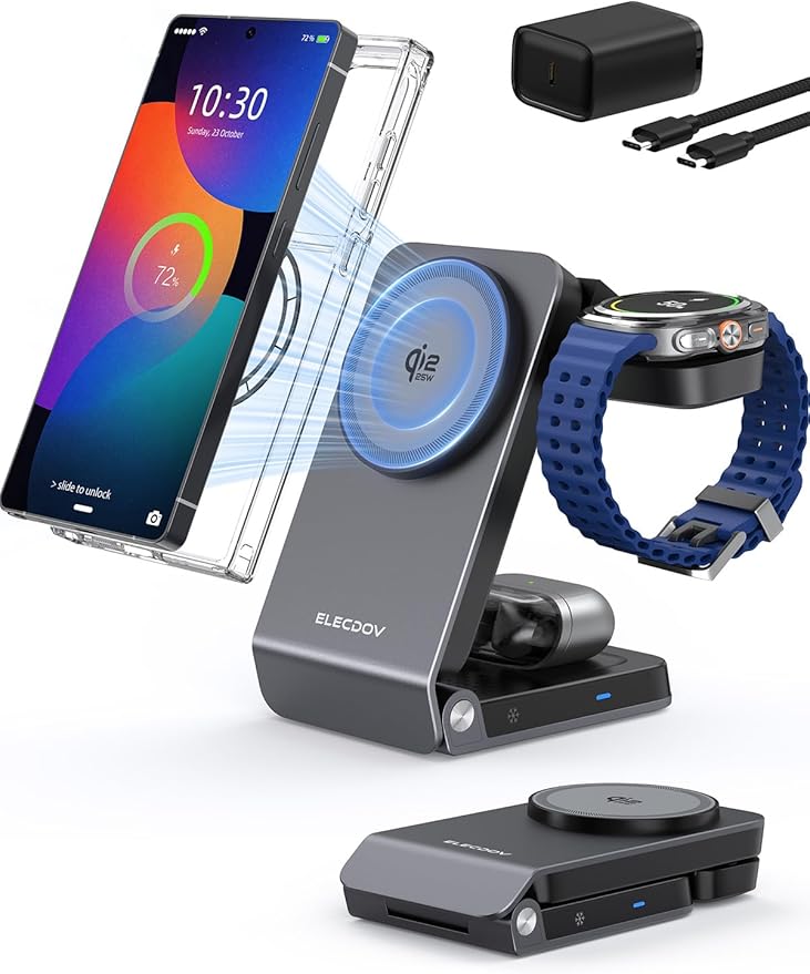 Wireless Charger for Samsung – 25W Magnetic Qi2 Charger with Active Cooling &amp 45W Adapter 3 in 1 Foldable Charging Station for Samsung Galaxy S26 Ultra Galaxy Watch 8 &amp Buds4 for Android De