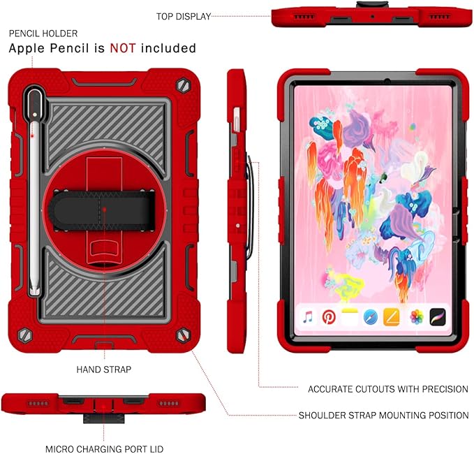 Shockproof Case for Samsung Galaxy Tab S8 2022/S7 2020 11 Tablet with Shoulder Strap Techcircle Heavy Duty Rotating Kickstand Rugged Defender Protective Case with Adjustable Hand Strap Red