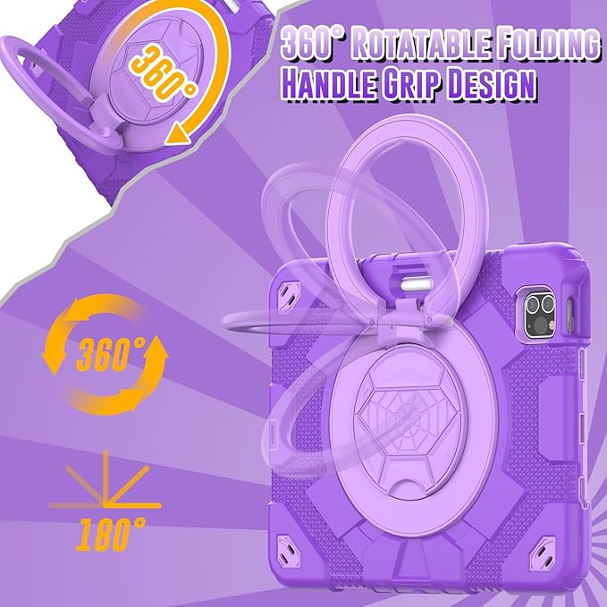 SCSVPN Kids Case for iPad Air 5th/4th Generation 10.9-inch 2022/2020 &amp iPad Pro 11'' 4th/3rd/2nd/1st Gen 2022 2021 2020 2018 Protection Case with Pencil Holder Stand Handle Shoulder Strap Purp