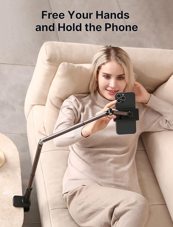 JSAUX Phone Holder for Desk and Bed Compatible with iPhone 17 16 15 14 13 12 Overhead Phone Mount Gooseneck Phone Stand Flexible 360 Lazy Long Arm Clamp Clip for Table Bedside [1-Pack Black]