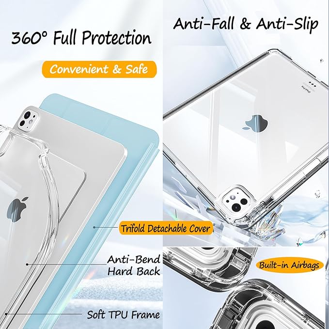 Slim Case for iPad Pro 11 Inch 4th/3rd/2nd Generation (2022/2021/2020) Clear Case with Pencil Holder Slide to Separate Auto Sleep/Wake Detachable Trifold with Stand Leather Cute Cover (Blue)