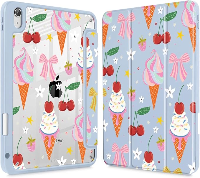 Case for iPad Air 11'' (M4 2026/M3 2025/M2 2024)/ iPad Air 10.9'' Air 5th /4th Gen Shockproof Cover with Clear Back Shell &amp Penceil Holder Auto Wake/Sleep Stand Cover Ice Cream-Bows-Blue