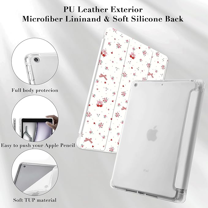 Idocolors Cute Kawaii Floral Bow Cherry Pad Case for 13 Inch iPad Air(2024) Clear TPU Smart Stand Back Cover with Pencil Holder Auto Wake/Sleep Foldable Shockproof Protective Case for Women Girls