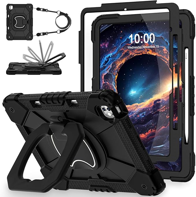 WESOROL Case for iPad Pro 13 Inch M5 2025 / M4 2024 (7th Gen) with Screen Protector/360° Rotating Stand/Pencil Holder/Shoulder StrapMilitary Grade Shockproof iPad Case 13 Inch iPad Pro M5/M4Black