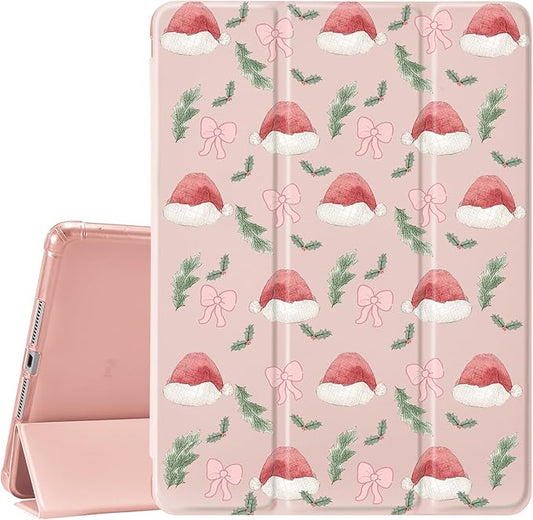 MAYCARI Cute Bow Christmas Hat Case for Ipad 5Th Stylish Xmas Tree Leaves Cover for Ipad Auto Sleep/Wake Anti-Slip Shockproof Leather Soft TPU Back Case with Pencil Holder(Girls Women Kids)