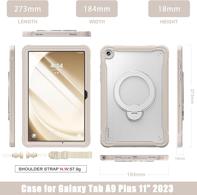 Lunivop Compatible with Samsung Galaxy Tab A9 Plus Case 11 Inch with 360° Rotating Aluminium Stan Stand Built-in 9H+ Hardness Screen Protector Military - Grade Tablet Cover for A9+ Plus Khaki