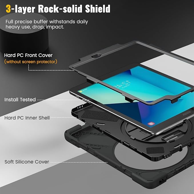 for Samsung Galaxy Tab S3 Case 9.7 inch 2017 SM-T820 T825 T827 Heavy Duty Full Body Shockproof Rugged Drop Protective Cover with 360° Rotating Stand Hand Strap Carrying Shoulder Strap Black