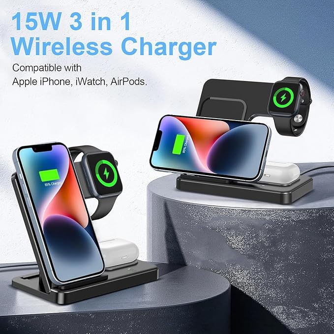 Wireless Charger 3 in 1 Fast Desk Charging Station for iPhone 16 15 14 13 12 Charging Stand Dock for Apple Watch &amp AirPods