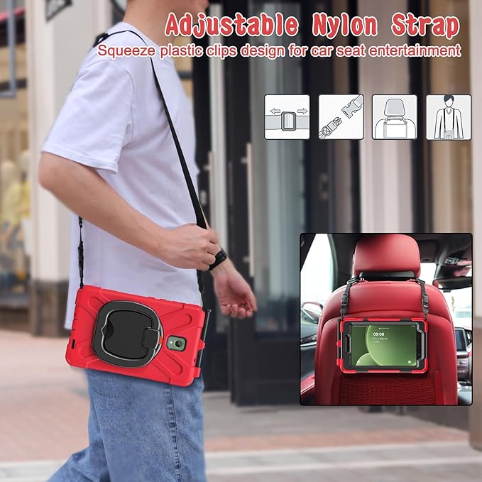 Rugged Case for Samsung Galaxy Tab Active5 5G (SM-X306B/X300) w/ 360° Rotating Hanging Ring Handle Grip Kickstand Heavy Duty Shock-Proof Armor Cover w/Shoulder Strap Stylus Holder (Red)