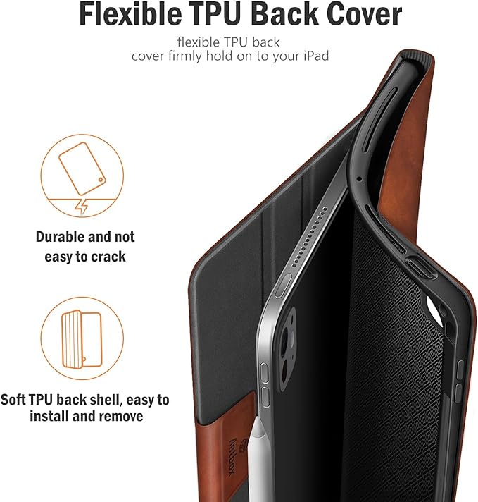 Antbox for iPad Pro 11 Inch Case M5 2025/M4 2024 Built-in Pencil Holder Fully Supports Pencil Pro/USB-C Auto Sleep/Wake Function Vegan Leather (Brown)