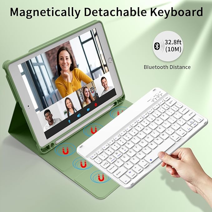 Kenke for iPad 6/5th Generation Case with Keyboard 9.7 Inch 2018/2017 iPad Air 2/1 Detachable Wireless Bluetooth iPad Keyboard Case with Built-in Left Side Pencil Holder Auto Wake/Sleep(Matcha Green)