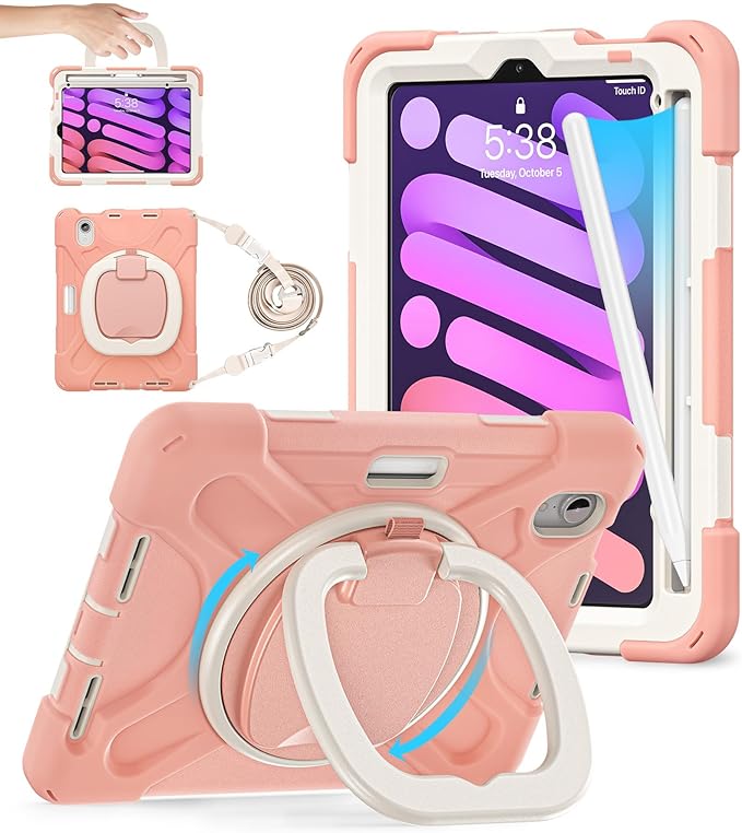 BATYUE Case for iPad mini 7 A17 Pro 2024/iPad Mini 6 2021 8.3 Inch with Pencil Holder 360 Rotating Stand Shoulder Strap Handle Grip Shockproof Rugged Case for iPad mini 7th/6th Gen Rosegold