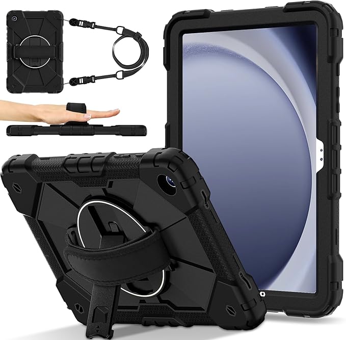 Case for Samsung Galaxy Tab A9 Plus(X210/X216/X218)/A11+ 11 Inch 2025 (X230/X236B) Heavy Duty Shockproof Rugged 360 Rotating Hand Strap Protective Case for Tab A11 PlusBlack+Black