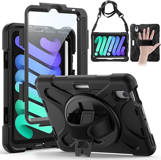 Gerutek Case for iPad mini 7 (A17 Pro) 2024/Mini 6 2021 8.3 inch Shockproof Cover for iPad mini 7/6th Generation with Screen Protector 360° Rotating Stand Hand/Shoulder Strap Pencil Holder Black
