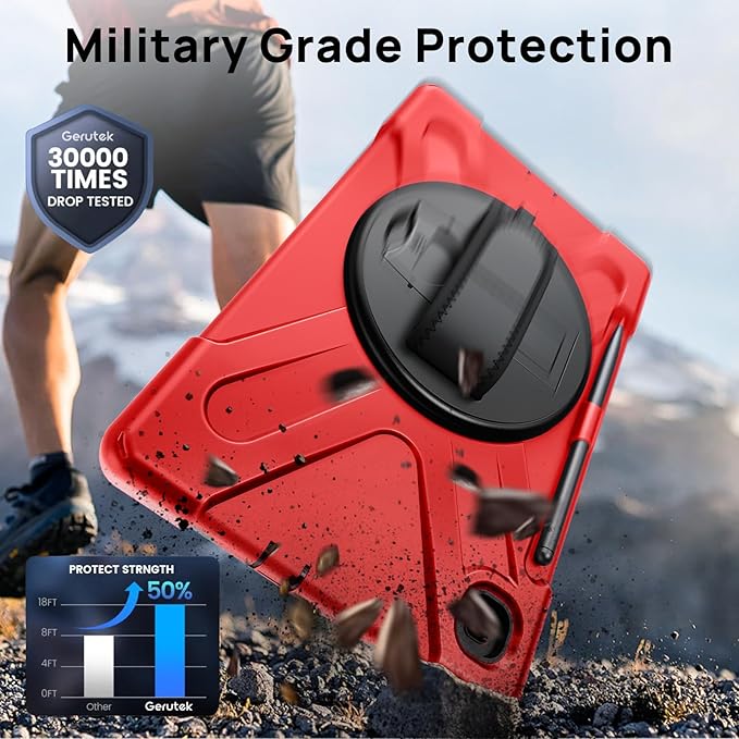 Gerutek Case for Samsung Galaxy Tab S6 Lite 10.4 2024/2022/ 2020 Full-Body Drop Protective Case with Screen Protector Pen Holder 360° Rotate Hand Strap &amp StandShoulder Strap Red