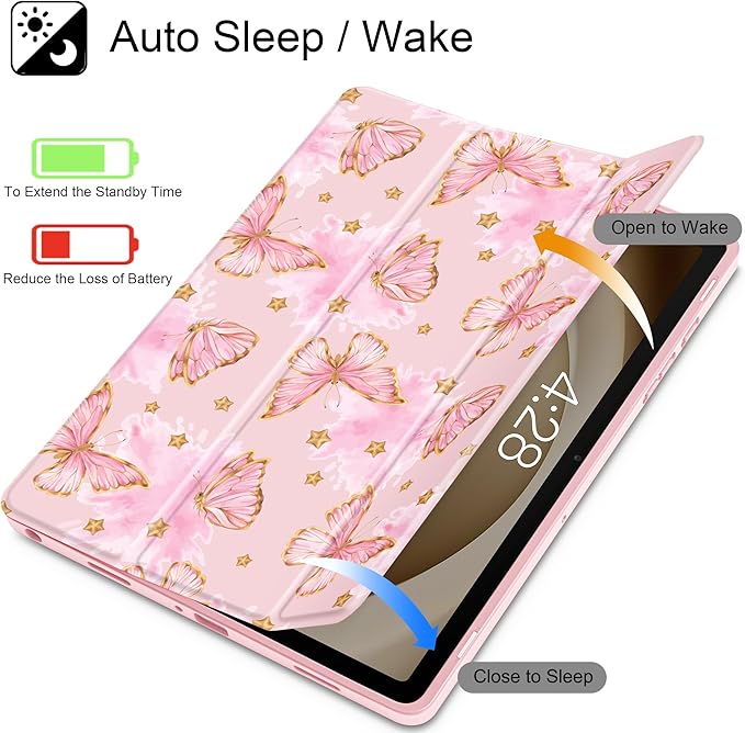 Tuiklol for Samsung Galaxy Tab A9+ Tablet 11” / A9+ Plus 2024 2023Buit-in S-Pen Holder with Clear Protective Cover Transparent Back Shell Auto Wake/Sleep Samsung Tab A9 Plus CoverButterfly Pink