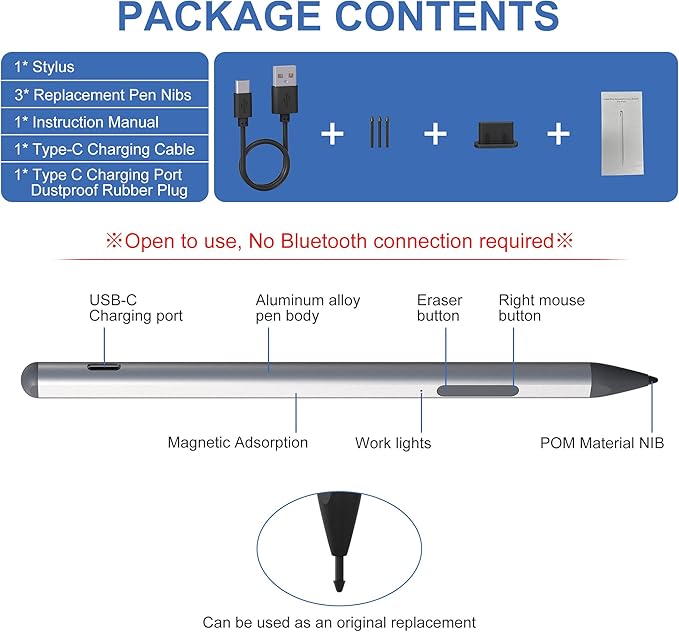 2025 New Surface Pen for Microsoft Surface Pro 11/10/9/8/7/6/5/4/3/XSurface Go/Book/Studio/Laptop4096 Pressure Sensitivity Windows Stylus PenUSB-C ChargingEraser &amp Right-ClickMagnetic Attract