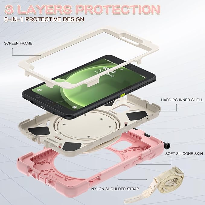 Rugged Case for Samsung Galaxy Tab Active5 5G (SM-X306B/X300) w/ 360° Rotating Hanging Ring Handle Grip Kickstand Heavy Duty Shock-Proof Armor Cover w/Shoulder Strap Stylus Holder (Pink)