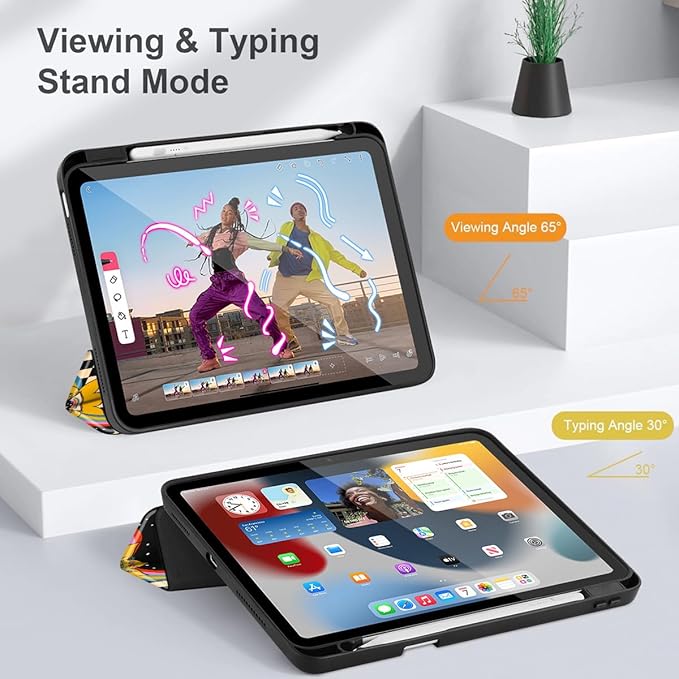 Tuiklol Case for iPad 11 inch (A16 Chip) 2025 Gen 11th / iPad 10.9 inch 2022 10th Gen Buit in Pencil Holder with Shockproof Cover Clear Transparent Back Shell Auto Wake/SleepFlowers &amp Eyes