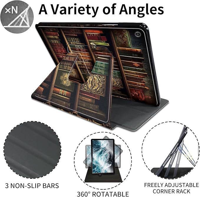 Case for All-New Amazon Fire HD 10 Tablet (13th Generation 2023 Release)360 Degree Rotating Swivel Stand PU Leather Cover with Auto Wake SleepVintage Bookshelf