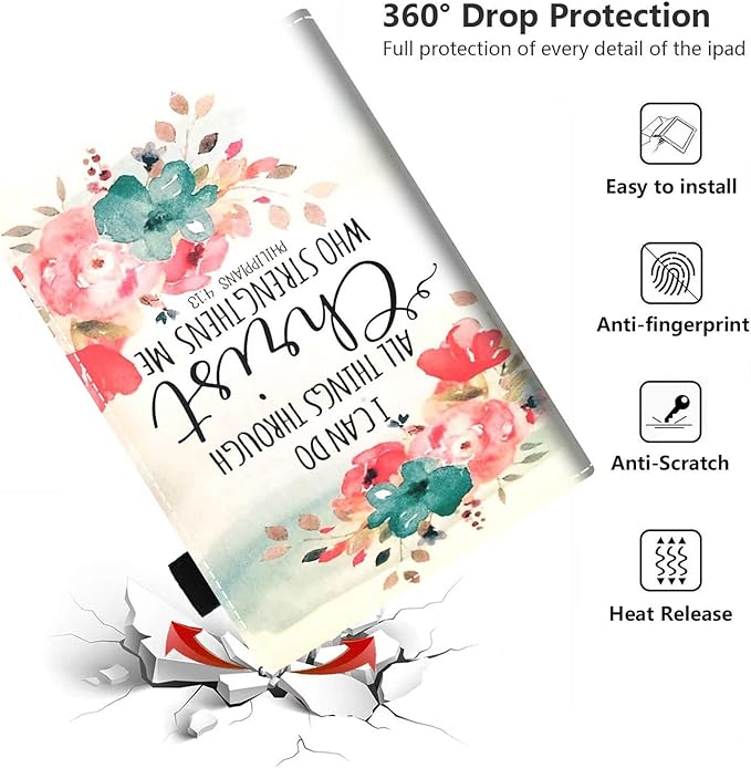 Case for Amazon Kindle Fire HD 10 &amp 10 Plus Tablet 10.1 (13th/11th Generation 2023/2021 Release) - PU Leather Folio Case with Smart Auto Wake/Sleep Floral Quote Bible Verse Philippians 4:13