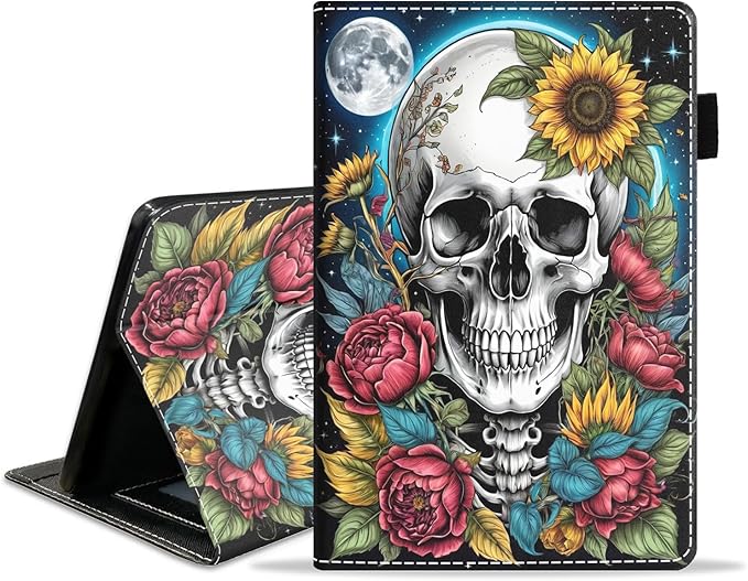 Case for Amazon Fire HD 10/HD 10 Plus Tablet 10.1 (13th/11th Generation 2023/2021 Release) Slim PU Leather Cover with Card Slot &amp Auto Wake/Sleep Skull Flower