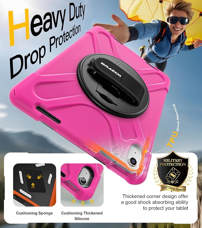 BRAECN for iPad (A16) 11th/10th Generation case 11/10.9 inch 2025/2022 Heavy Duty Shockproof Protective with Pencil Holder Screen Protector 360°Rotating Stand Handle &amp Shoulder Strap Full Body Cov