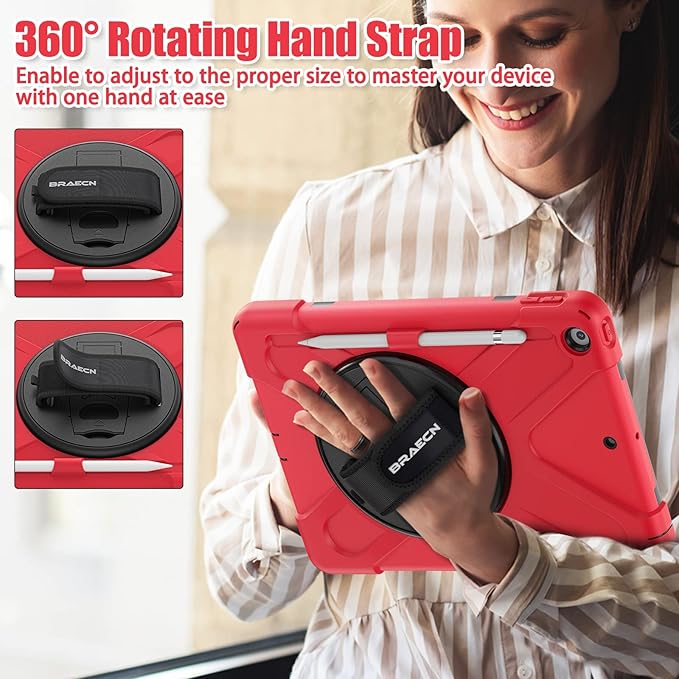 BRAECNstock for Apple iPad 9th/ 8th/ 7th Generation Case 10.2 2021/2020/2019 Shockproof Protective Case with Screen Protecter Pencil Holder 360° Rotating Stand+Hand Strap Shoulder Strap Red