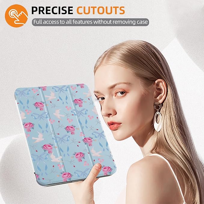 MAYCARICute Bow Floral Case for 10.9 Inch Ipad Air 4/Air 5 Kawaii Flowers Bowknot Cover for Ipad Cartoon Bird Animal Case(2020/2022) Shockproof Auto Sleep/Wake Cover with Pencil Holder Girls Women