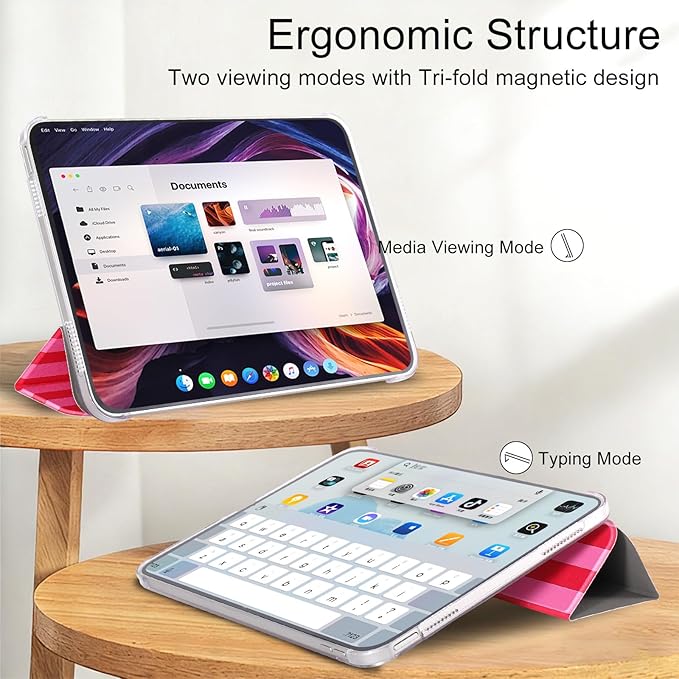 case for ipad 11th Generation11 Inch 2025 (A16 Chip) &amp 10th Gen 10.9 Inch 2022 - Slim Scratch-Resistant Hard PC Translucent Back Shell Smart Cover Wake/Sleep Function Red Pink Stripes