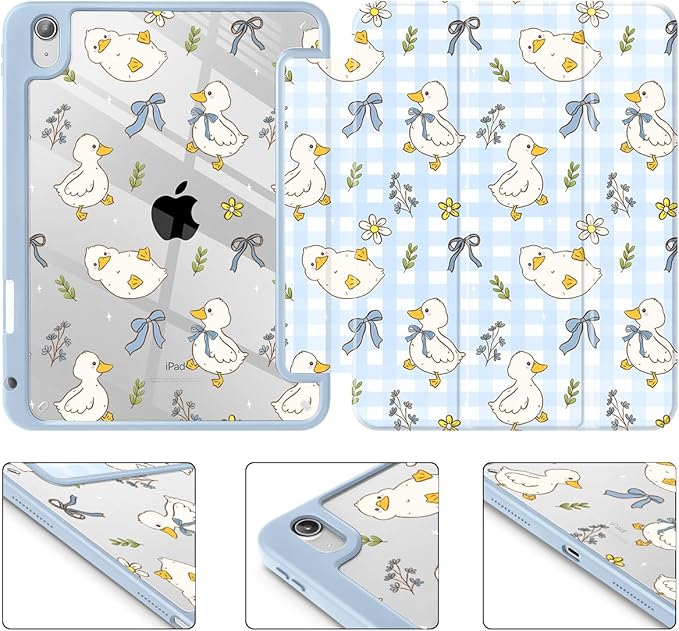 Case for iPad 11 inch A16 2025 Generation 11th / iPad 10.9 inch 2022 10th Gen Buit in Pencil Holder with Shockproof Cover Clear Transparent Back Shell Auto Wake/Sleep Duck &amp Bow Blue