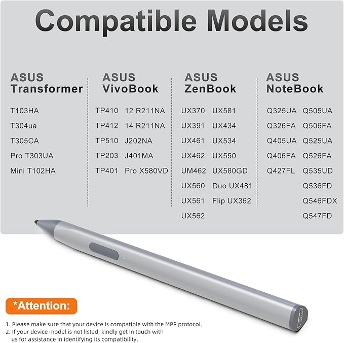 Stylus Pen for ASUS Transformer/Mini/ASUS Zenbook Flip/Pro/ASUS Vivobook Flip/Pro/Duo/ASUS Notebook Rechargeable MPP 2.0 Tilt Pen with 4096 Pressure Sensitivity Triangular Pen Body Design Silver