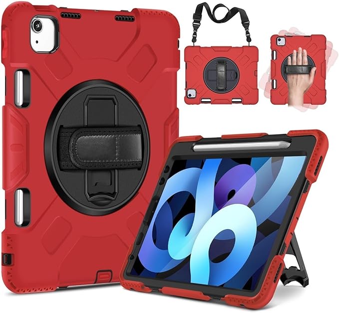 TNP Protective Case for iPad Air 5th 4th Gen 10.9 inch and iPad Pro 11 Inch 4th 3rd 2nd Generation (2022 2021 2020 2018) with Pencil Holder Handle Adjustable Stand &amp Shoulder Strap Red