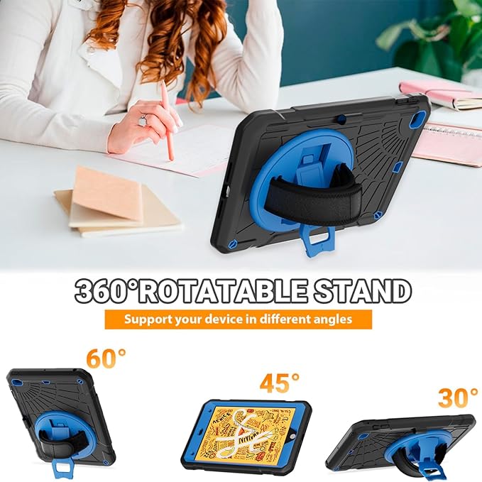 Case for iPad mini 5/4 with Screen Protector Pencil Holder [360 Rotating Hand Strap] &amp Stand Drop-Proof Case for iPad mini 5th/4th Generation 7.9 inch(Black+Sky Blue)