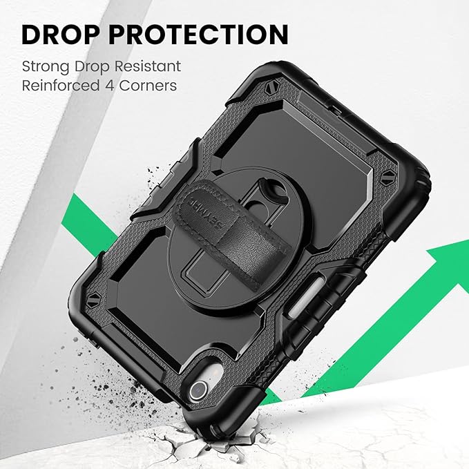 SEYMAC Case for iPad mini 7 (A17 Pro) 2024/ Mini 6 8.3″ Full-Body Shockproof Protective Case with Screen Protector 360° Rotating Stand Hand/Shoulder Strap for iPad mini 7th/ 6th Generation Black