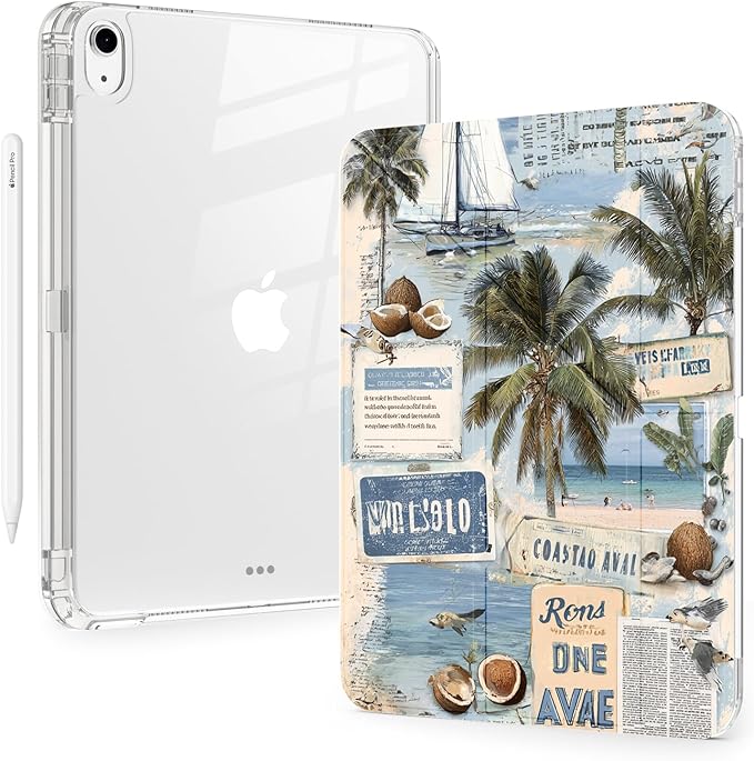 Sea Beach Newspaper for iPad Air 11 Inch Case 7th/6th Generation (M3/M2) 2025/2024 with Pencil Holder Auto Sleep/Wake White Leather Acrylic Back Detachable Cover