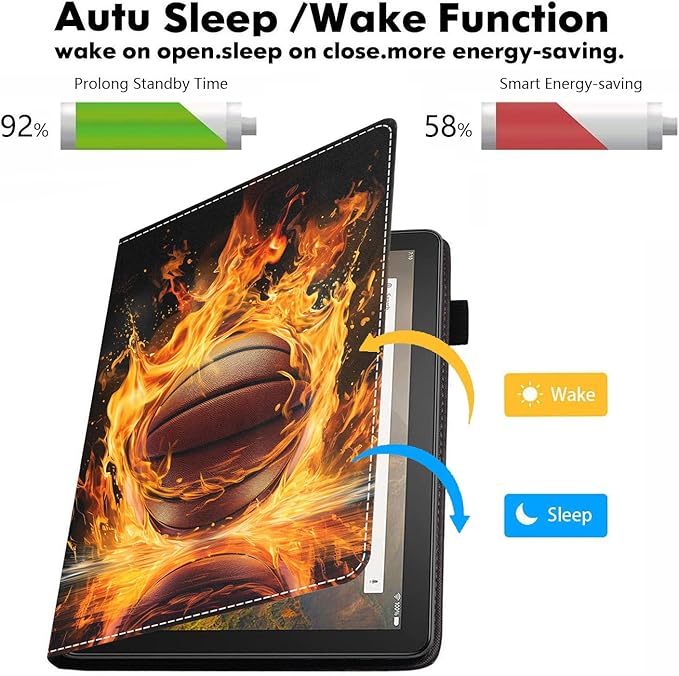 Case for All-New Amazon Kindle Fire HD 10 &amp 10 Plus Tablet 10.1 (13th/11th Generation 2023/2021 Release) - PU Leather Folio Case with Smart Auto Wake/Sleep Burning Basketball