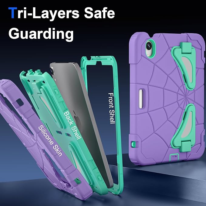 Compatible with Apple iPad mini 6 2021/iPad mini 7 2024 Tablet CaseLightweight Shockproof Rugged Protective Cover with Kickstand for Kids Children Boys Babies Purple Mint Green