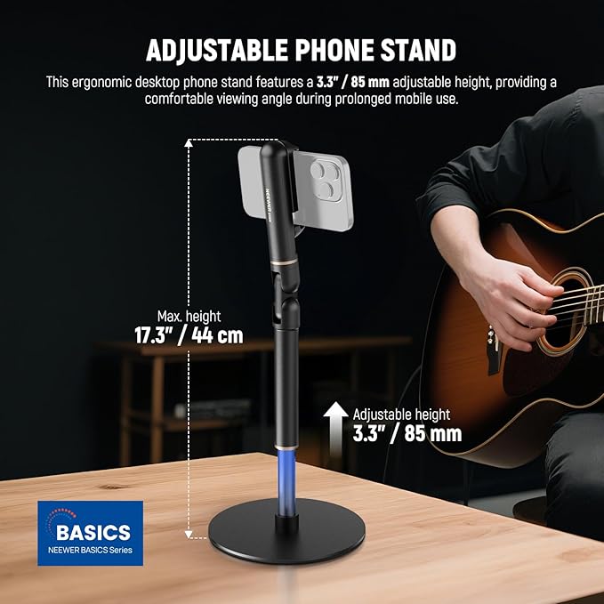 NEEWER Basics Cell Phone Stand for Desk Adjustable Phone Holder Clamp with Weighted Metal Base Office Table Phone Mount Compatible with iPhone 16 15 Pro Max Plus Samsung for Video Recording ST006