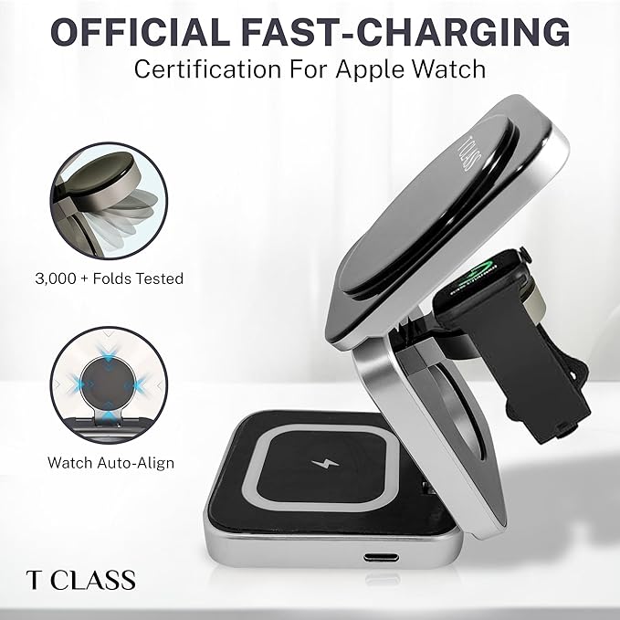Wireless 3 in 1 Magnetic Charging Station Portable Foldable Fast Charge Travel | Black and Silver Mobile Phone Holder | with Extra Magnetic Ring | New Anti-Slip Earbud Base Charger