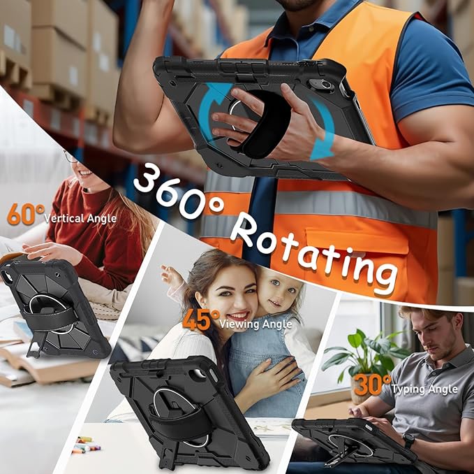 Weuiean Case for iPad A16 11th/10th Generation 11/10.9 Military-Grade Heavy-Duty Shockproof Cover with 360° Rotating Stand Built-in Pencil Holder &amp Adjustable Hand/Shoulder Strap - Black+Black